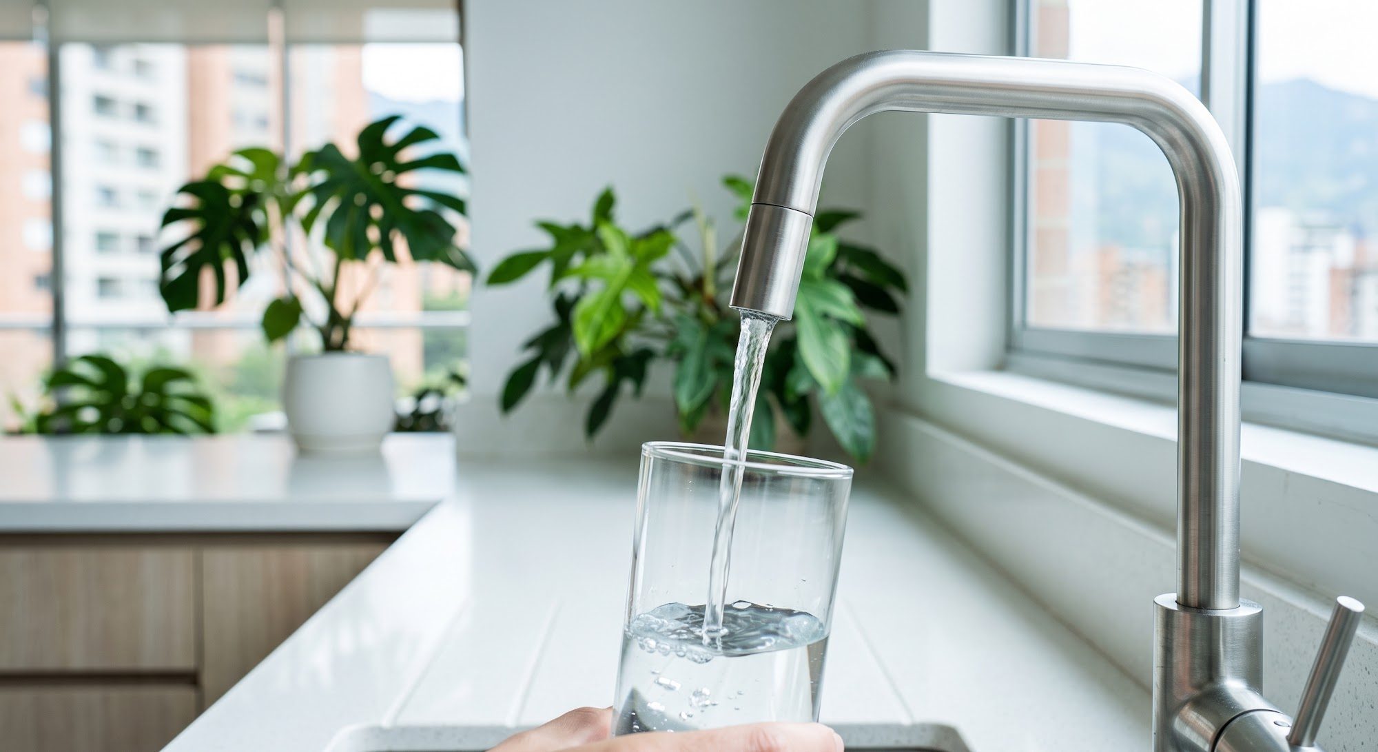 Vaso de agua servido de la llave en una cocina de Medellín