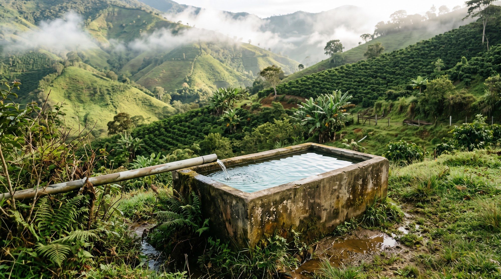 Tanque de agua de nacimiento en una finca de Antioquia