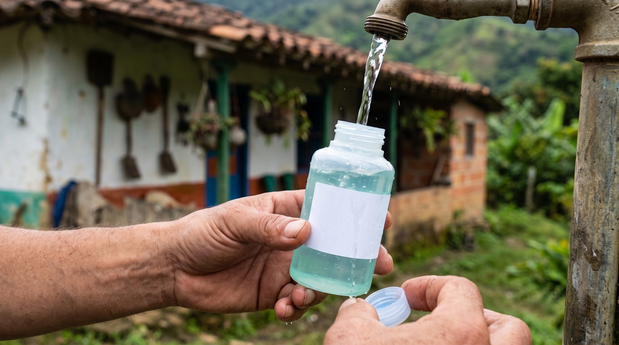 Toma de muestra de agua de pozo para análisis de laboratorio