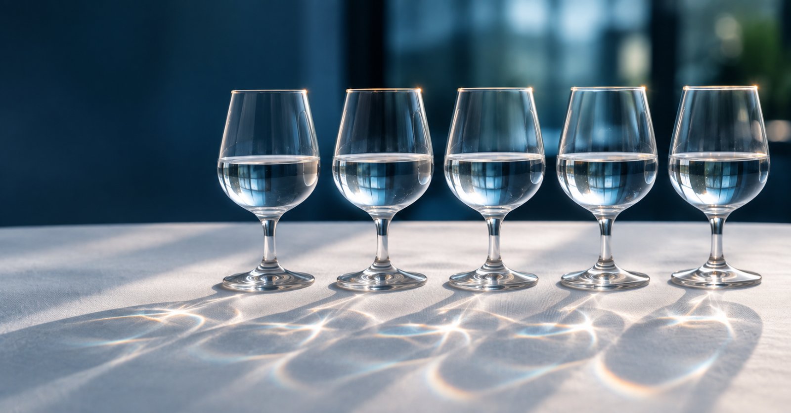 Vasos de vidrio con agua alineados sobre una mesa blanca para una cata