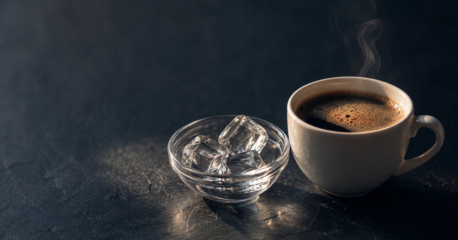 Taza de café recién preparada junto a cubos de hielo transparentes sobre una mesa