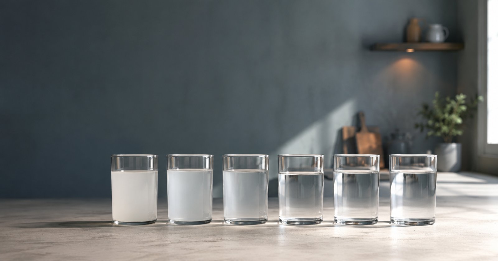 Seis dispositivos de filtración de agua alineados sobre un mesón de cocina