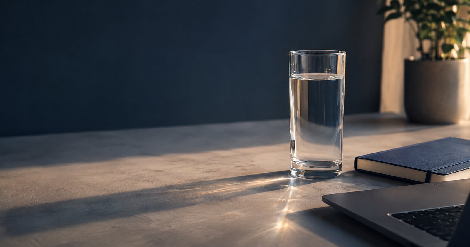 Vaso de agua sobre un escritorio junto a un cuaderno y un computador portátil