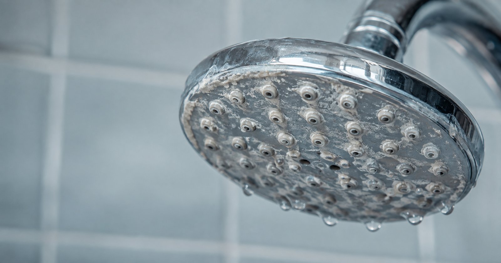 Grifería de ducha con depósitos blancos de sarro en la salida de agua