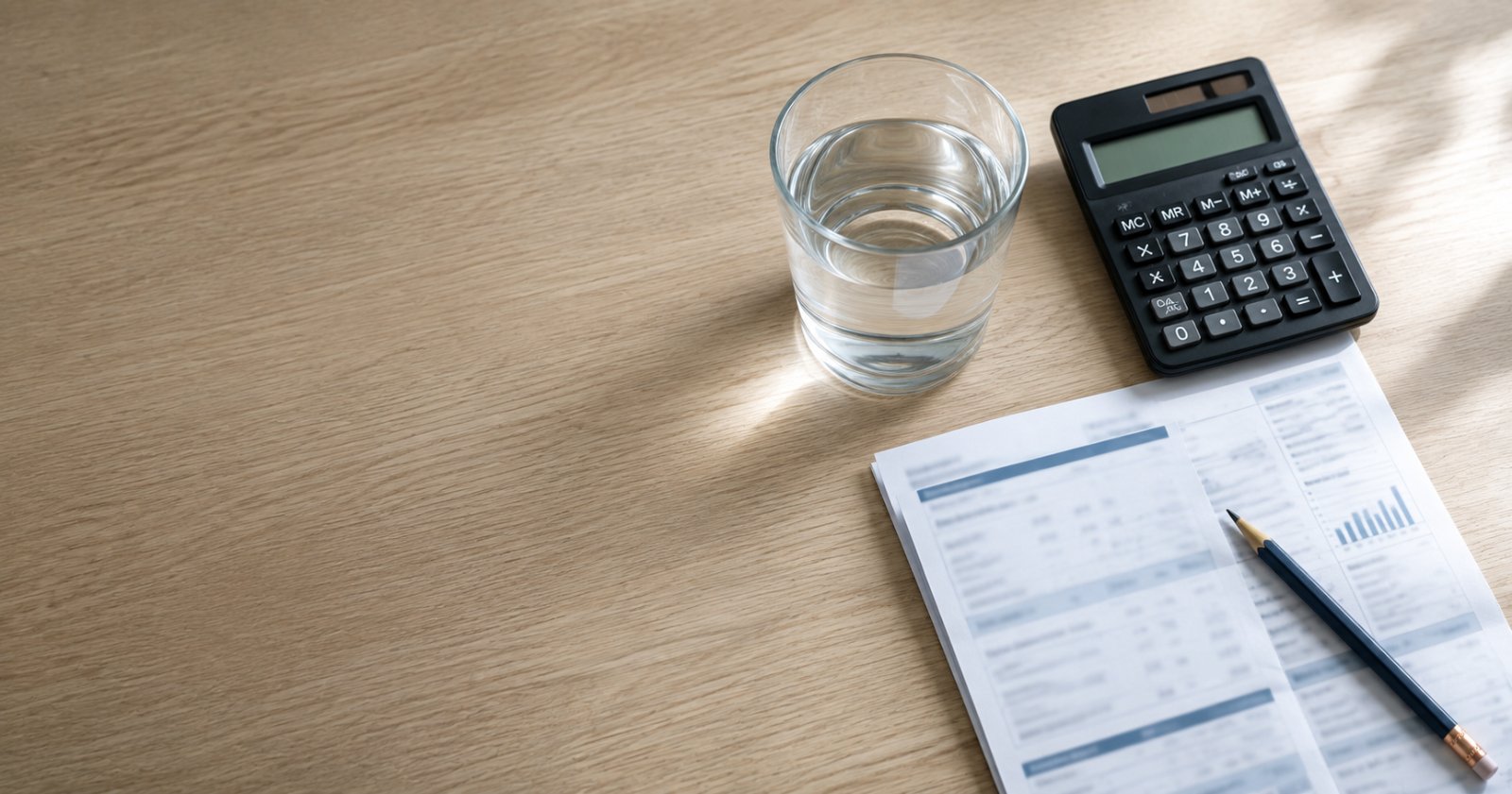 Calculadora y recibo de servicios sobre una mesa junto a un vaso de agua