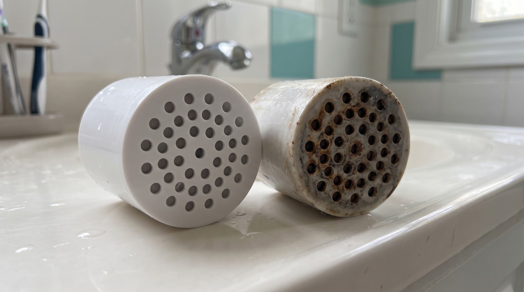 Cartucho de filtro de ducha nuevo frente a uno usado