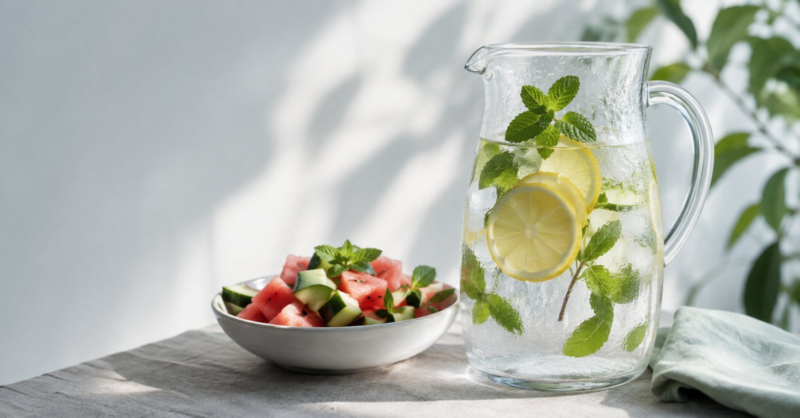 Jarra de agua con rodajas de limón y hierbabuena junto a fruta picada