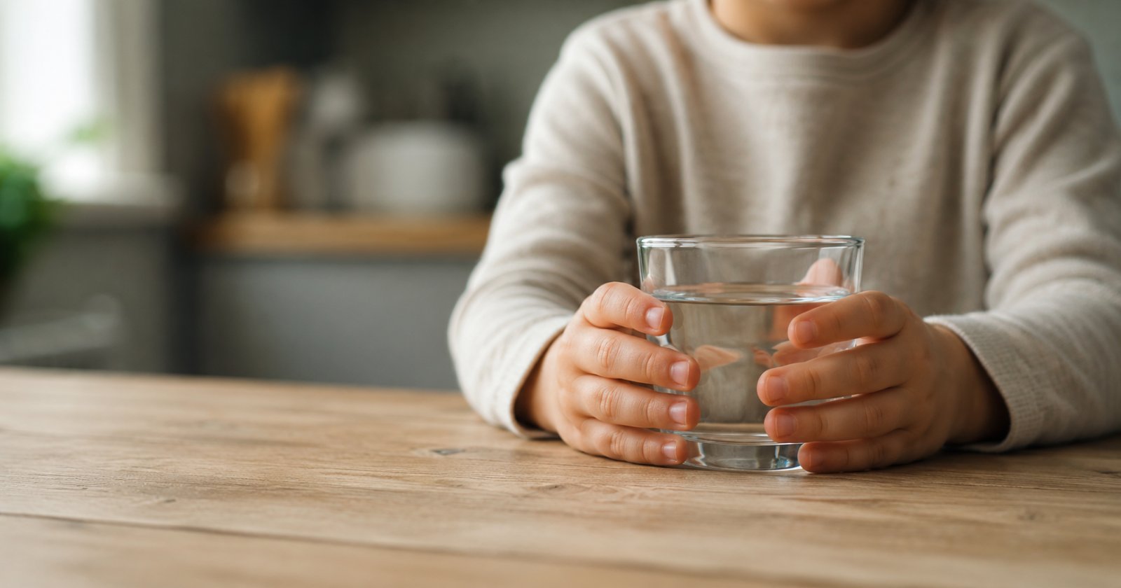 Niña pequeña bebiendo agua de un vaso en la cocina de una casa