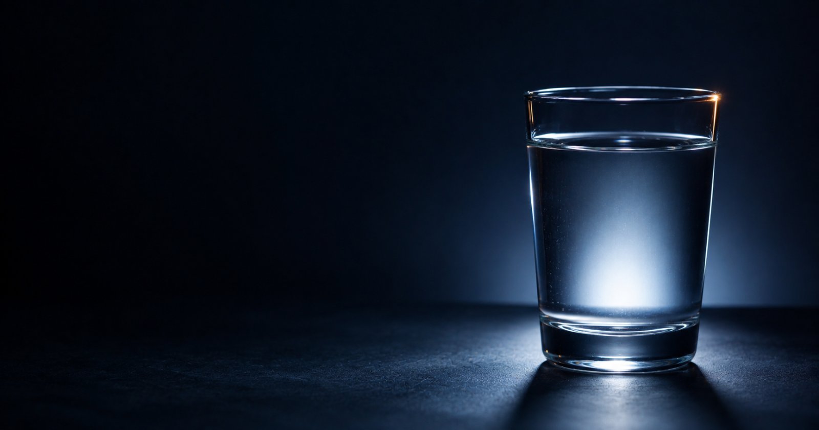 Vaso de agua sobre fondo oscuro iluminado a contraluz