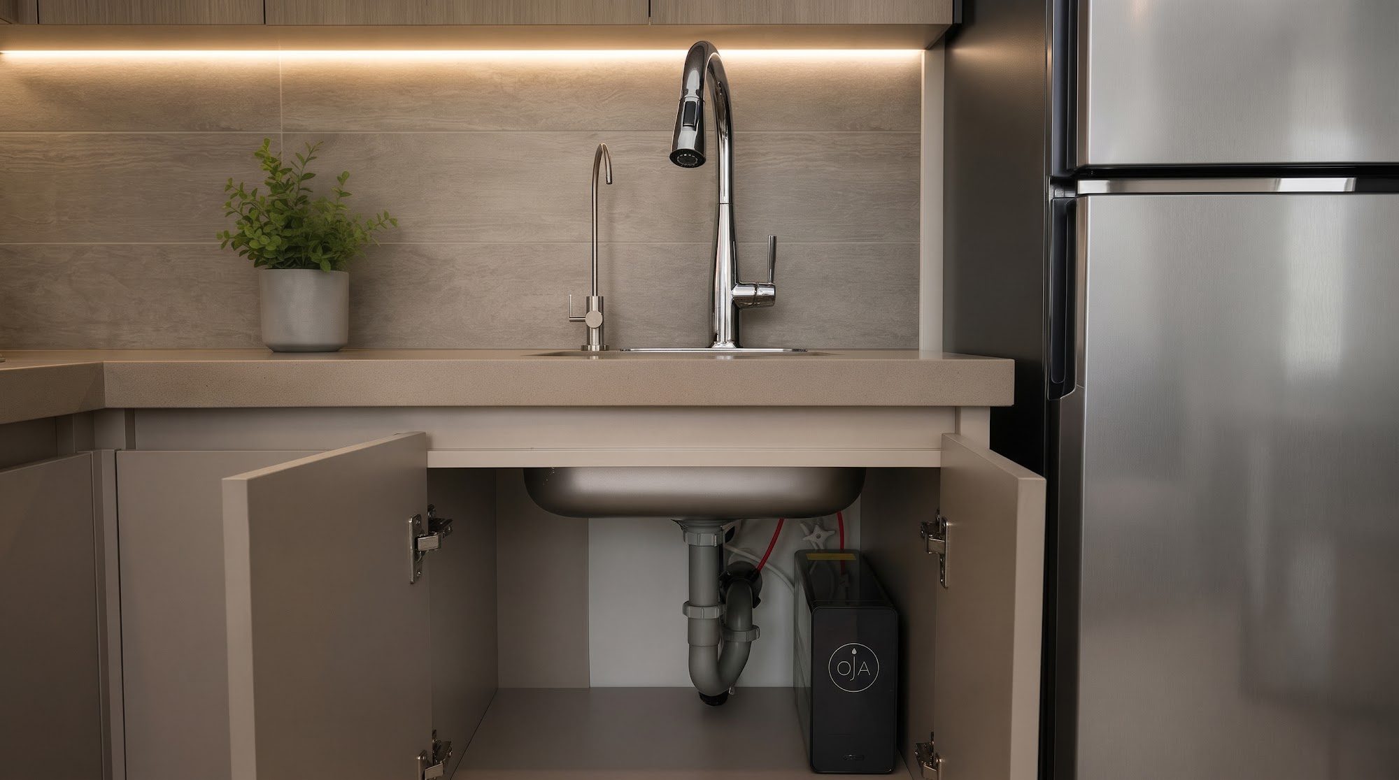 Purificador de ósmosis inversa sin tanque instalado bajo el lavaplatos de una cocina