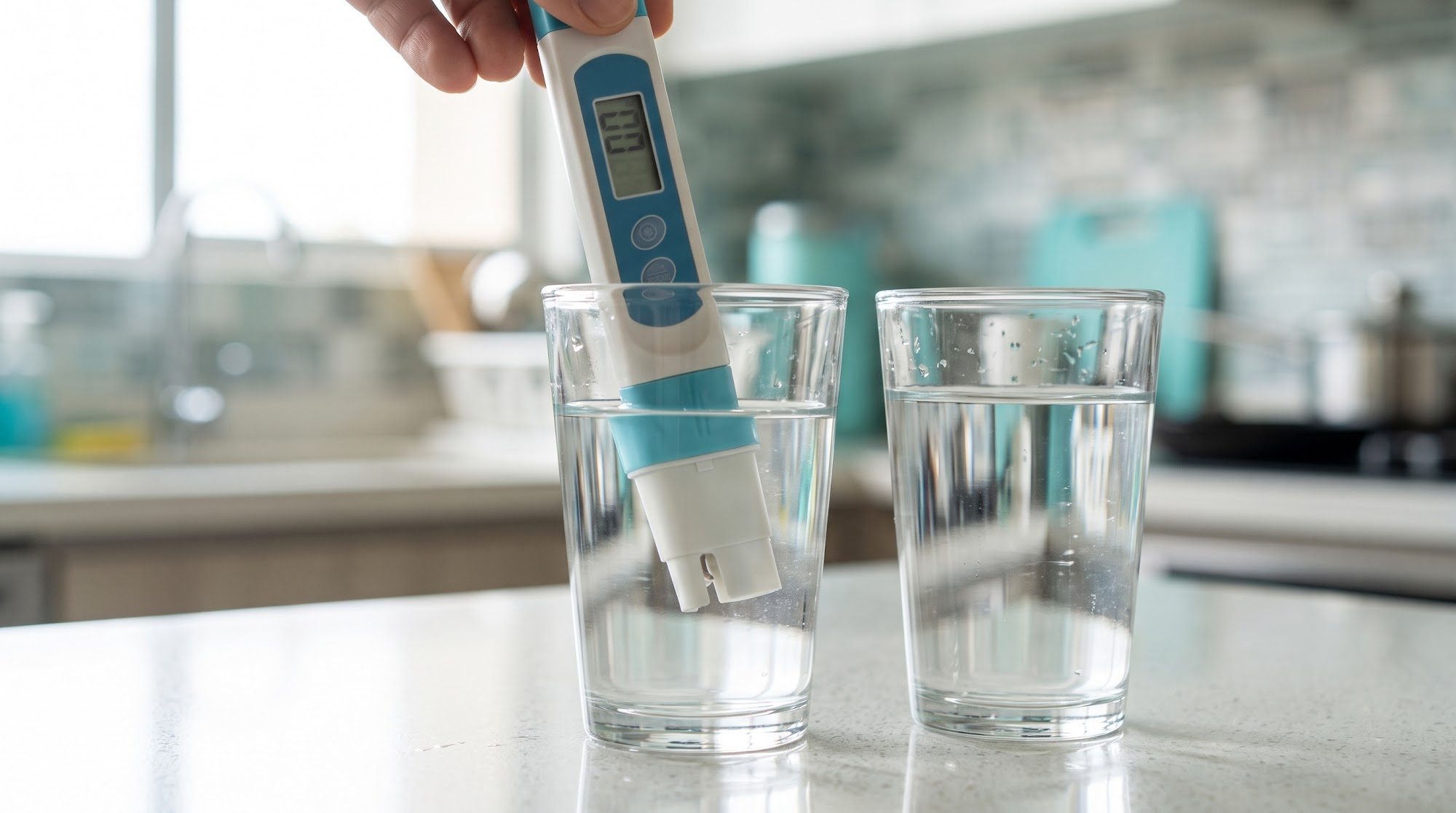 Medidor de TDS comparando agua de la llave y agua del purificador