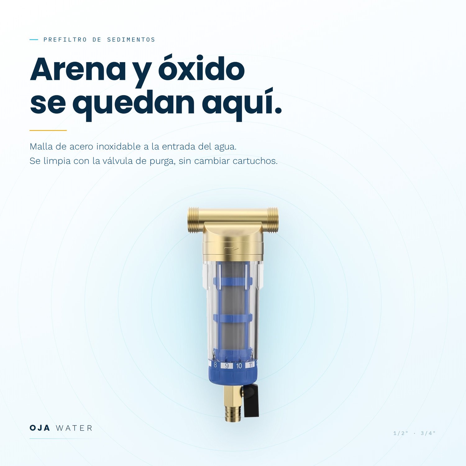 Prefiltro de sedimentos con carcasa transparente instalado en la entrada de agua